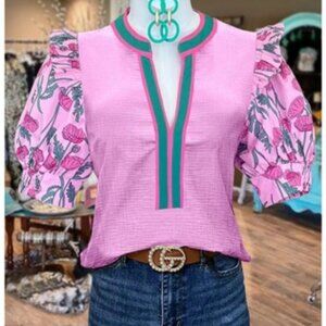 Vibrant Pink Floral Blouse with Ruffled Sleeves